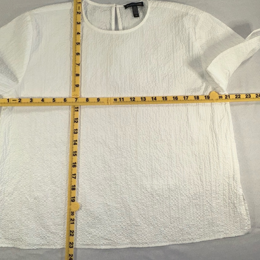 Eileen Fisher White Seersucker Textured Boxy Tee Sz Small Petite Clean Lagenlook - Picture 13 of 13